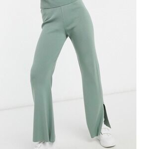 ASOS DESIGN Sage Green Ribbed Knit Wide Leg Pants Side Slit High Rise US 2